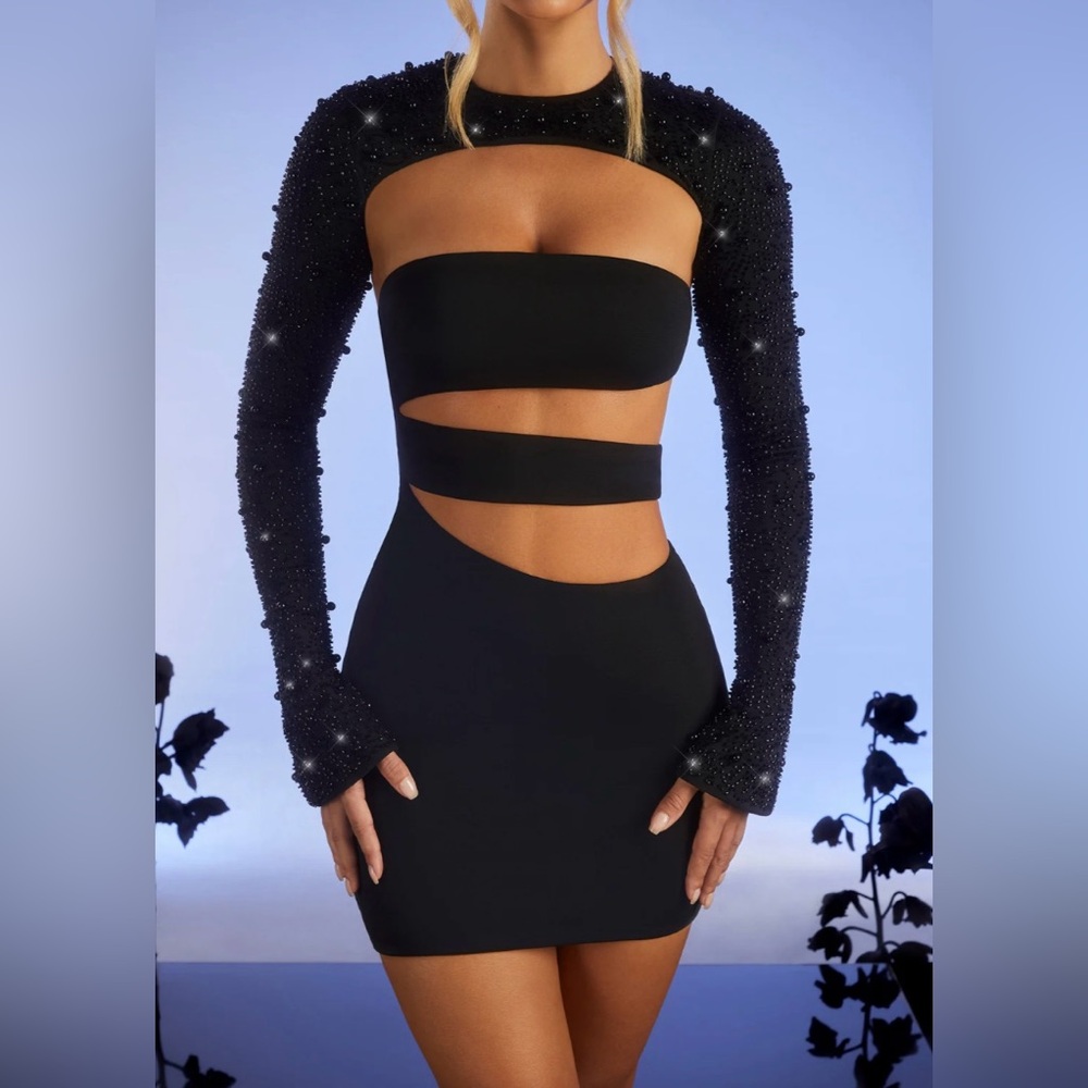 Oh Polly Mayfair Embellished Long Sleeve Cut Out Mini Dress in Black